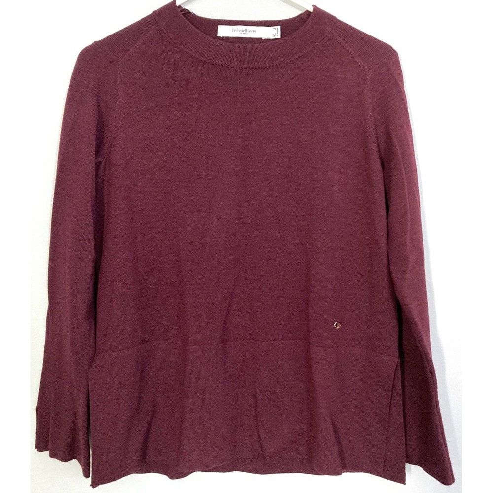 Pedro Del Hierro Sweater Women‎ S Wine 100% Wool Crew Neck Knit Back Cutout Logo